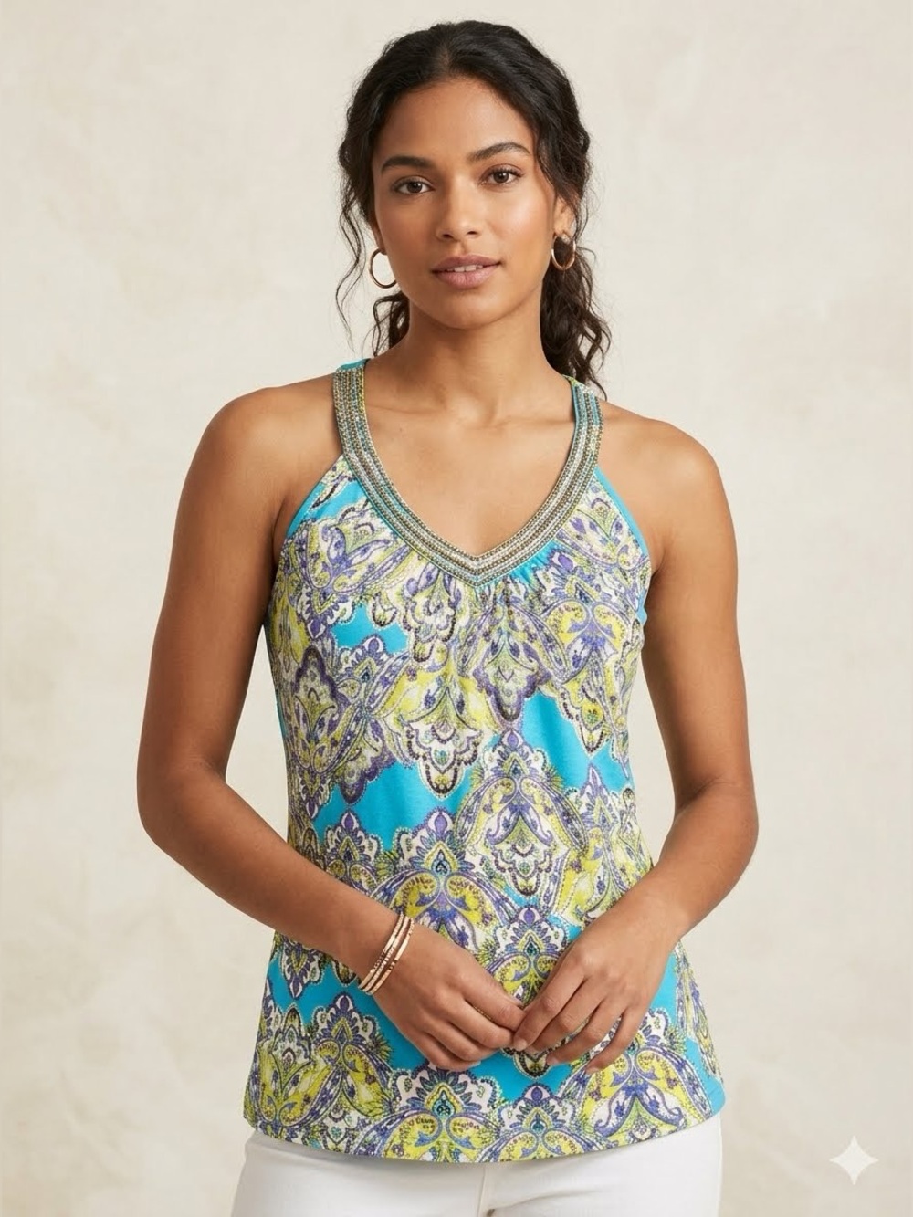 INC International Concepts Beaded Halter Paisley Top Blue Yellow S Y2K